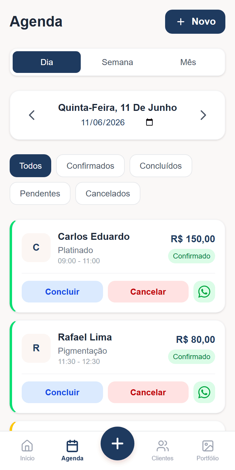 Agenda do dia no Barber Express: horários, serviços e valores de cada atendimento