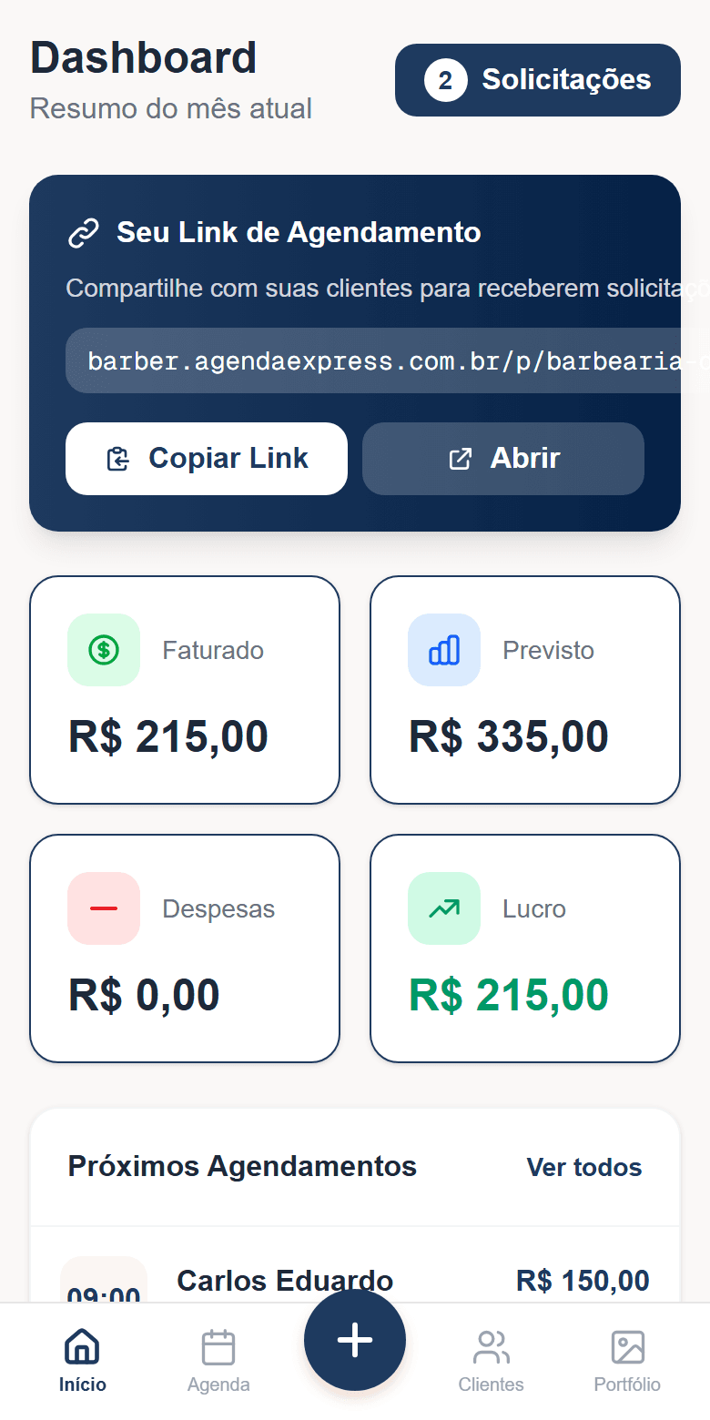 Painel do Barber Express: faturado e previsto do mês, link de agendamento