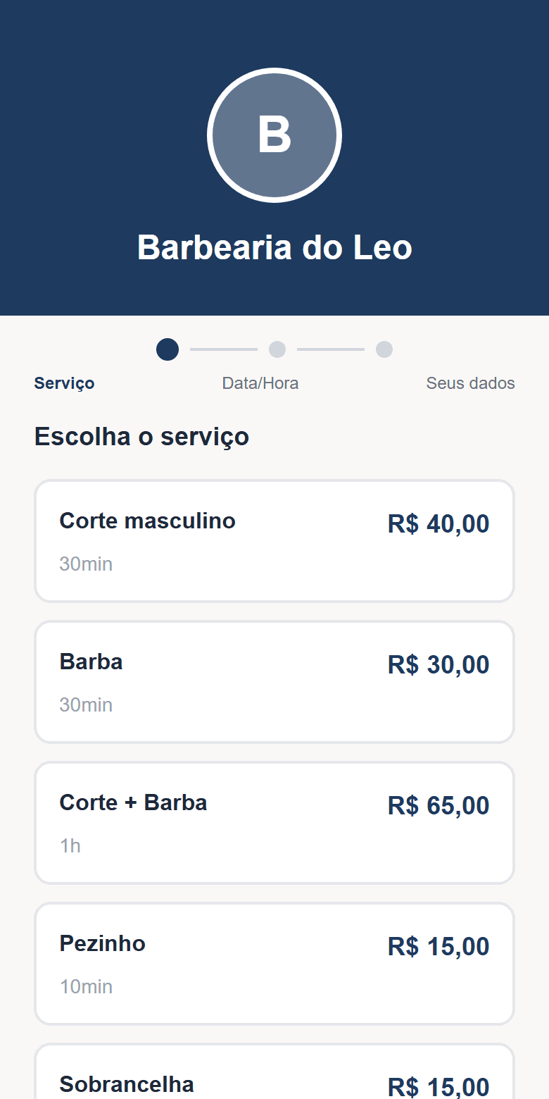 Página de agendamento real do Barber Express: a cliente escolhe serviço, data e horário