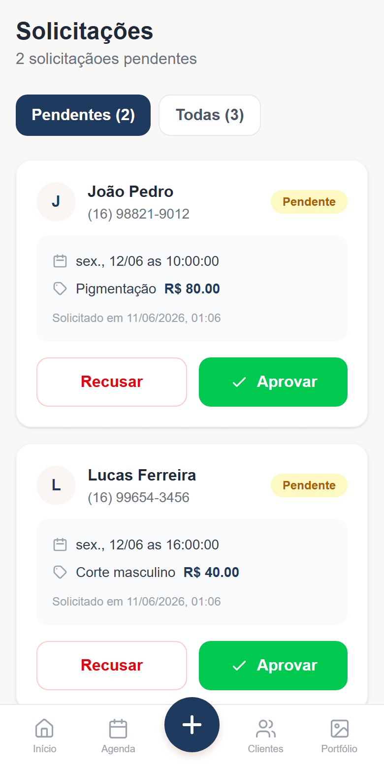 Tela de solicitações do Barber Express: pedido de horário com botão Aprovar